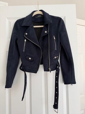 Women’s ZARA Navy Suede Moto Jacket with Belted Waist
